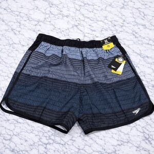 Speedo Grey Blue Grid Print Swim Shorts NWT Quick Dry Athletic